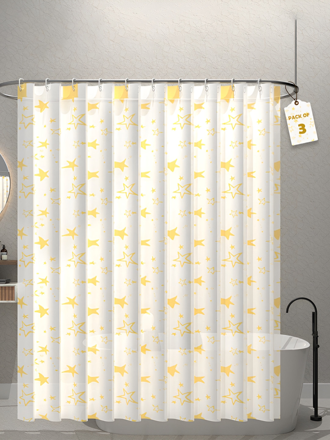 Aura 3-Pcs White & Yellow Star Printed Waterproof ShowerCurtainWithHooks