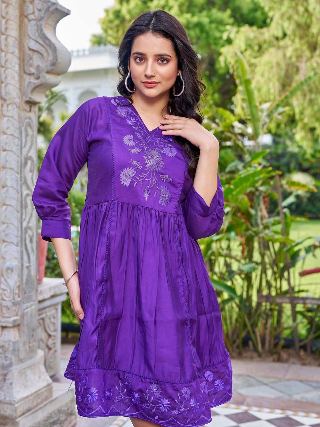 PEACH PIPER Women Floral Printed V-Neck Embroidered Silk Fit and Flare Dress