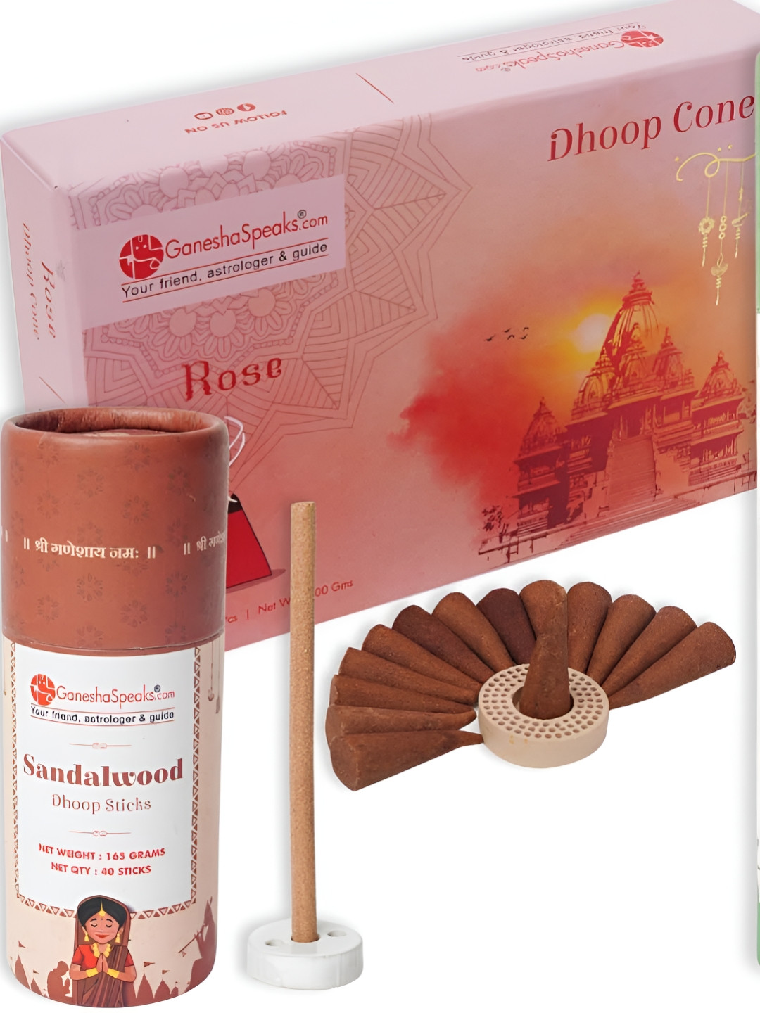 GaneshaSpeaks 15Pcs Brown Rose Dhoop Cones & Sandalwood Dhoop Stick, Jasmine Incense Stick