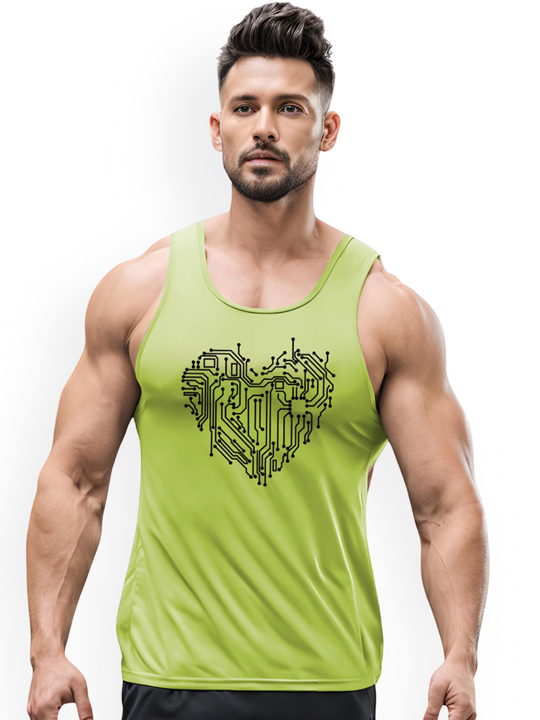 3Colors Printed Dry-Fit Sleeveless Gym Vest VEST-NCUT-ROBOT HEART-GREEN_M
