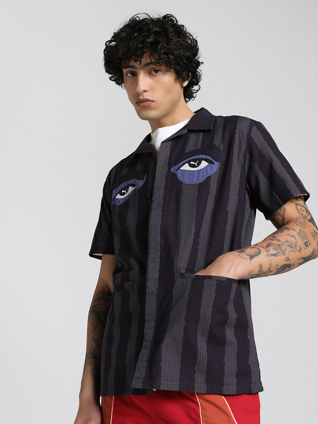 Puma Kidsuper Men Striped Embroidered Pure Cotton Relaxed Fit Shirt