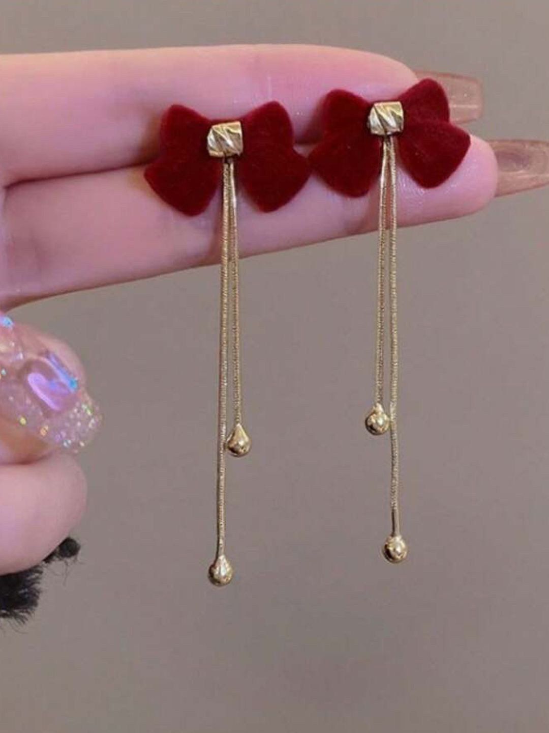 styledose Sterling Silver Red Bow Velvet  Contemporary Drop Earrings