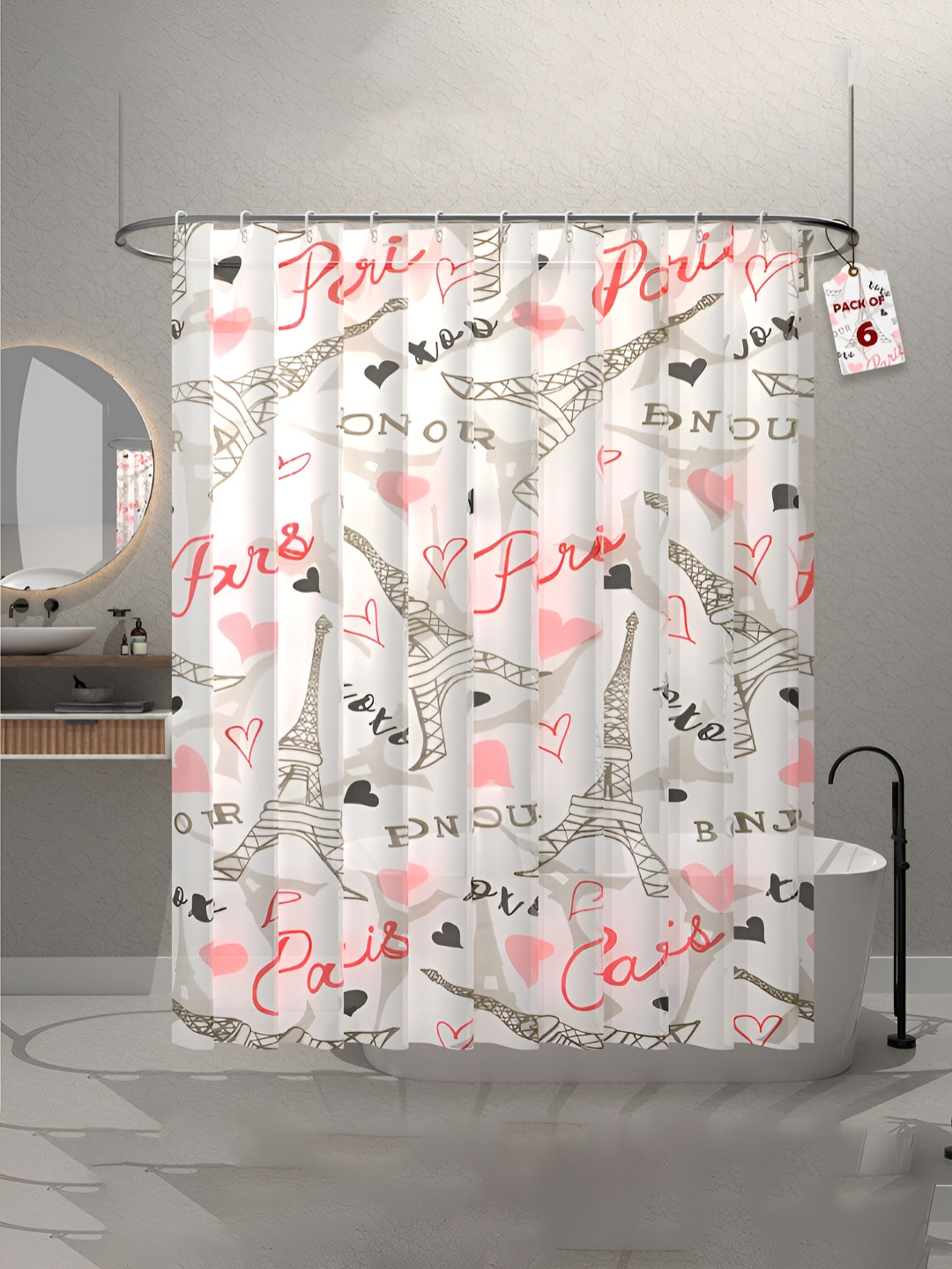 Aura 6-Pcs Pink & Grey Eiffel Tower Printed Waterproof ShowerCurtainWithHooks