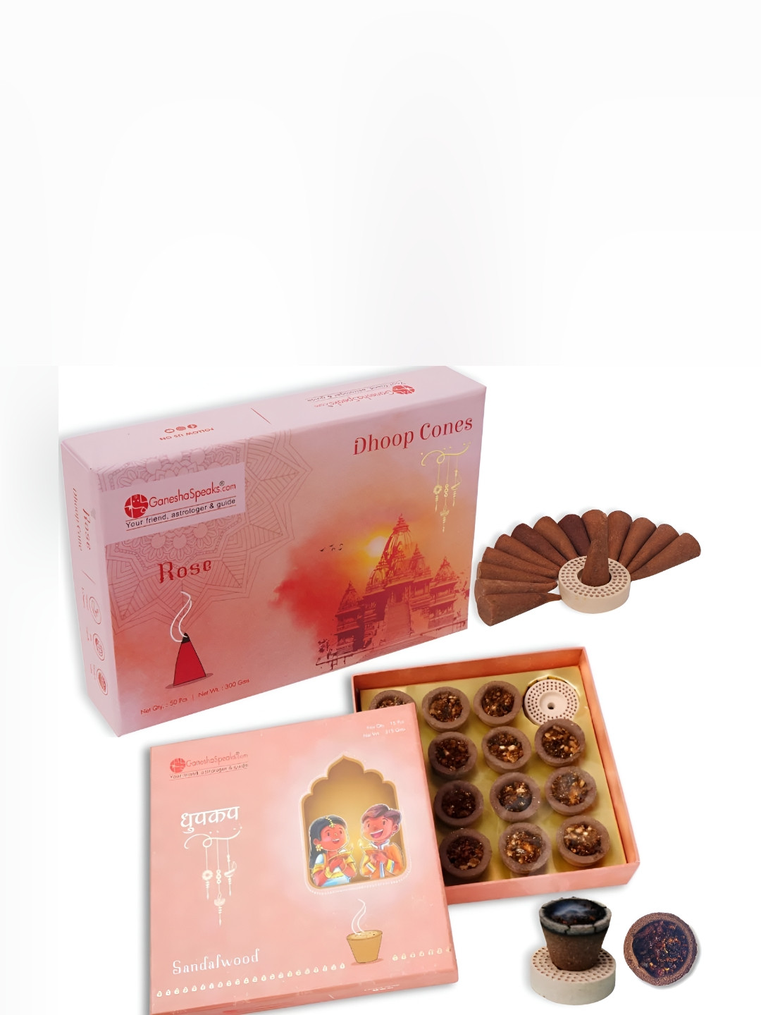 GaneshaSpeaks 2-Pcs Brown Wooden Loban Dhoop Cup & Rose Dhoop Sticks