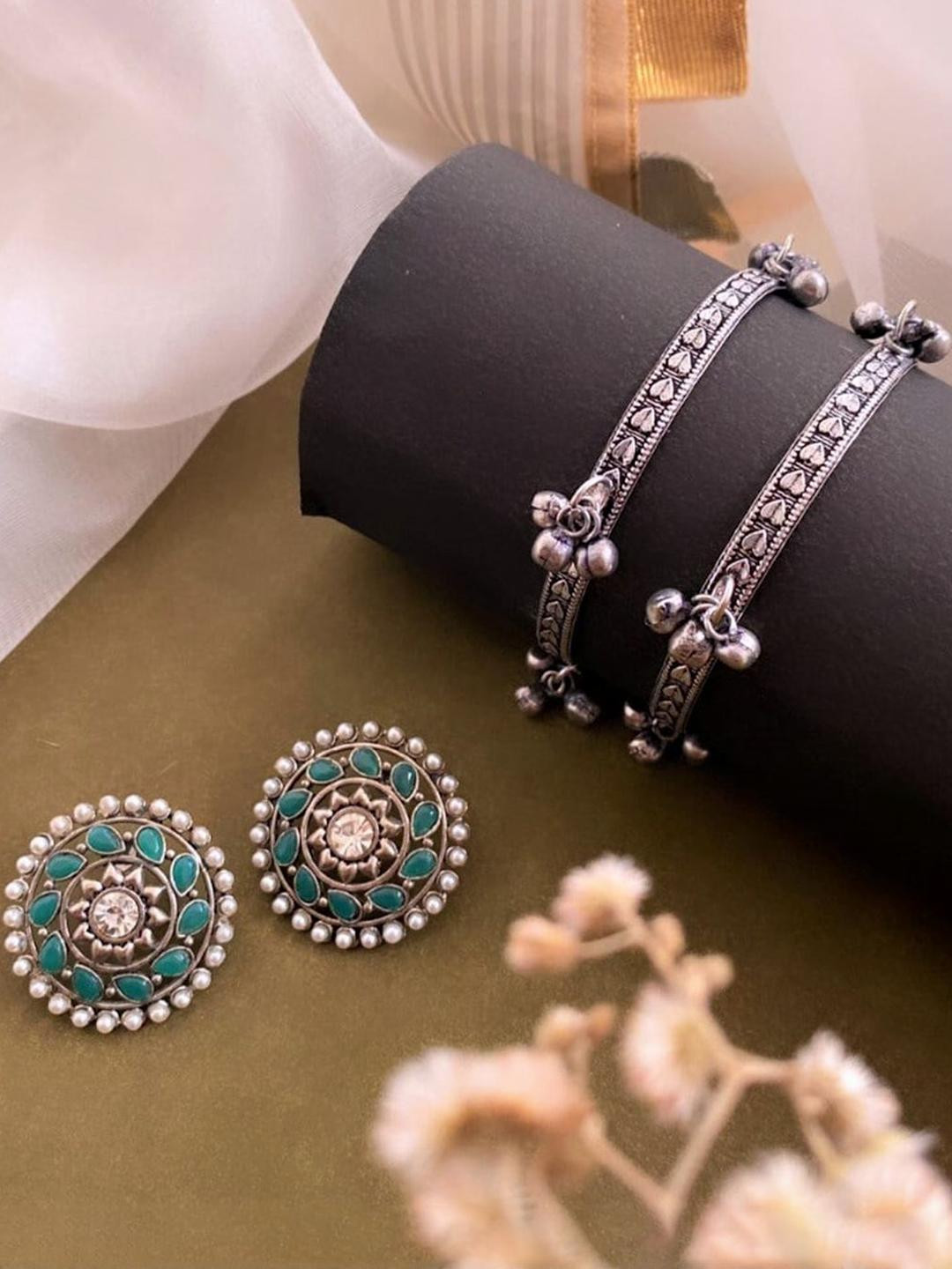 Sangria Set of 3 German Silver Plated & Multicloured Stone Studded Floral Shaped Bangles & Earrings