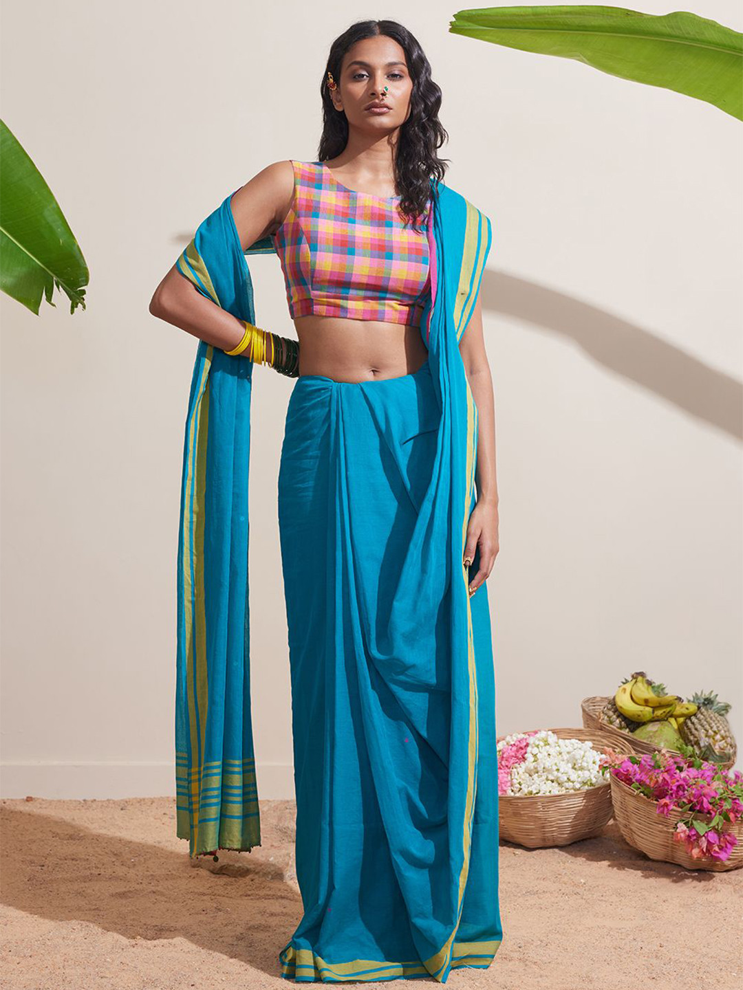 Dressfolk Blue Handloom Cotton Saree With Multicolor Woven Buttis And Blouse Piece
