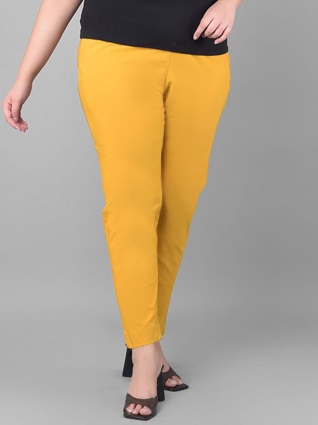 Comfort Lady Women Elastic Waist Mid-Rise Cotton Pencil Trousers