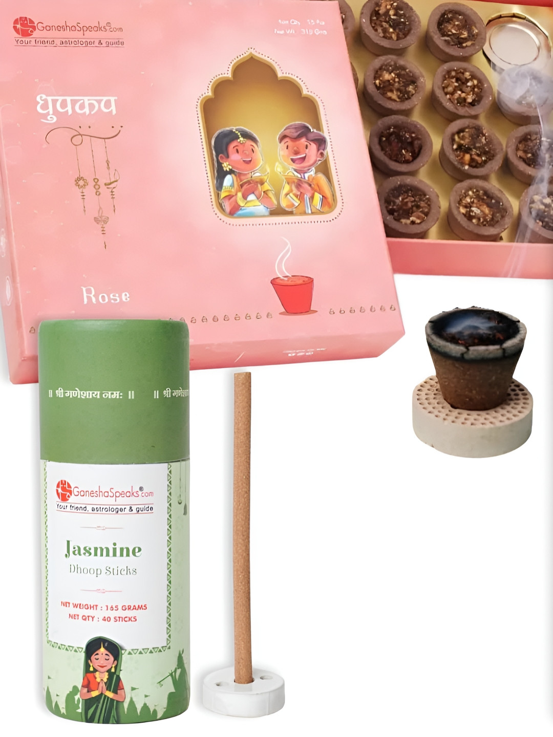GaneshaSpeaks 95-Pcs Brown Rose Dhoop Cup, Incense Sticks & Jasmine Dhoop Sticks