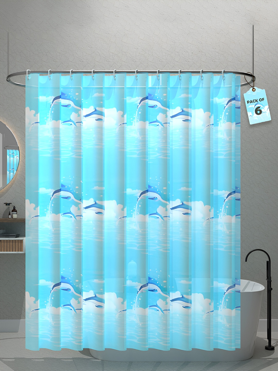Aura 6-Pcs Blue Shark Printed Waterproof ShowerCurtainWithHooks