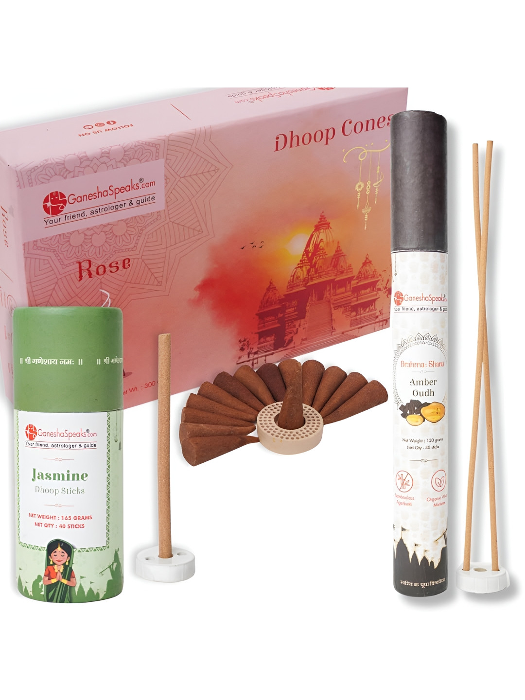 GaneshaSpeaks 90Pcs Brown Rose Dhoop Cones & Jasmine Dhoop Stick, Amberoud Incense Stick