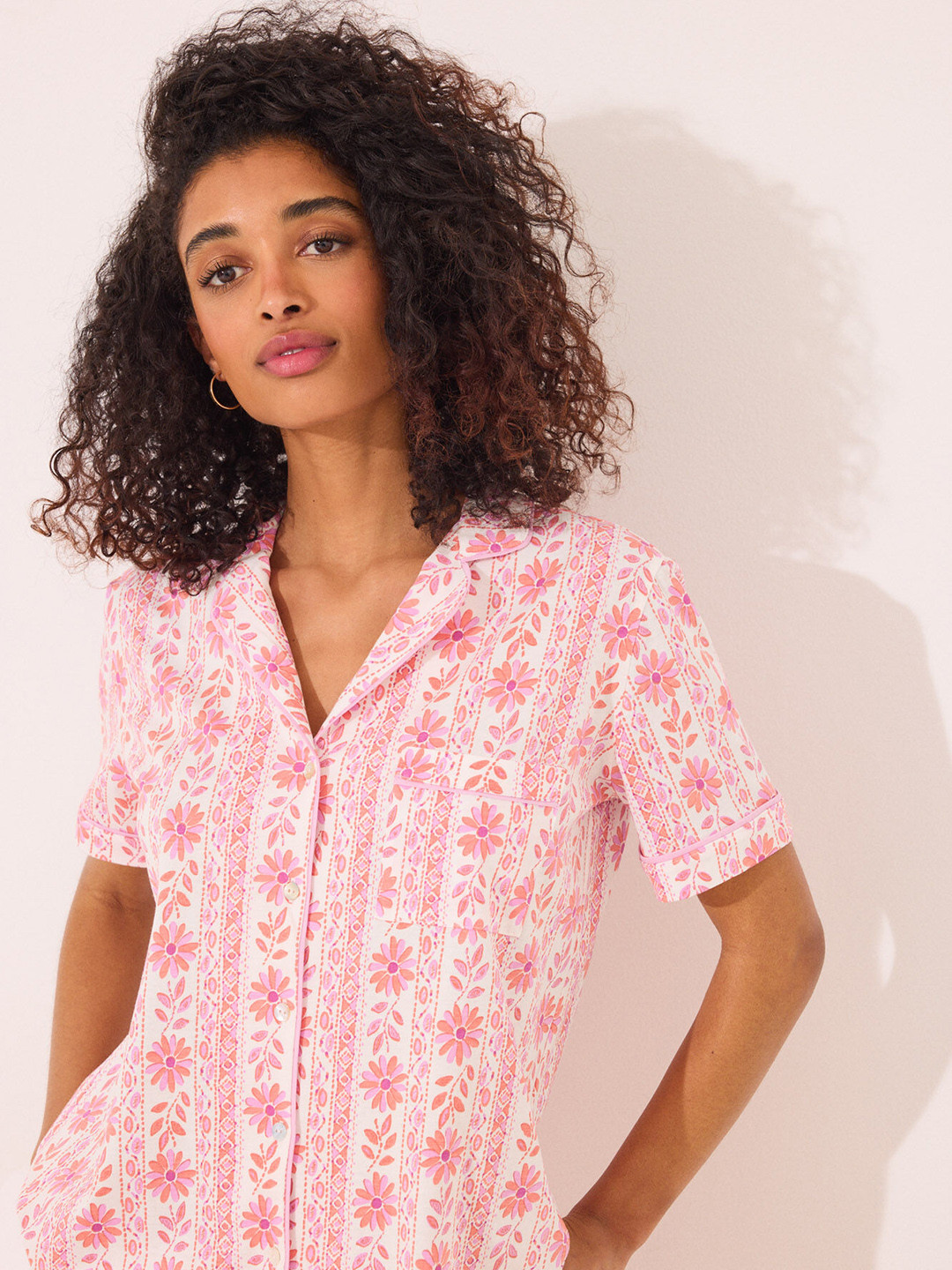 women'secret Pure Cotton Floral Printed Shirt with Pyjamas 4859407-73-PINK