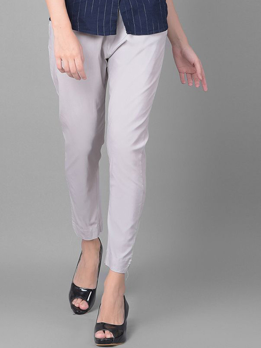 Comfort Lady Women Solid Cotton Elastic Waist Mid-Rise Pencil Trousers