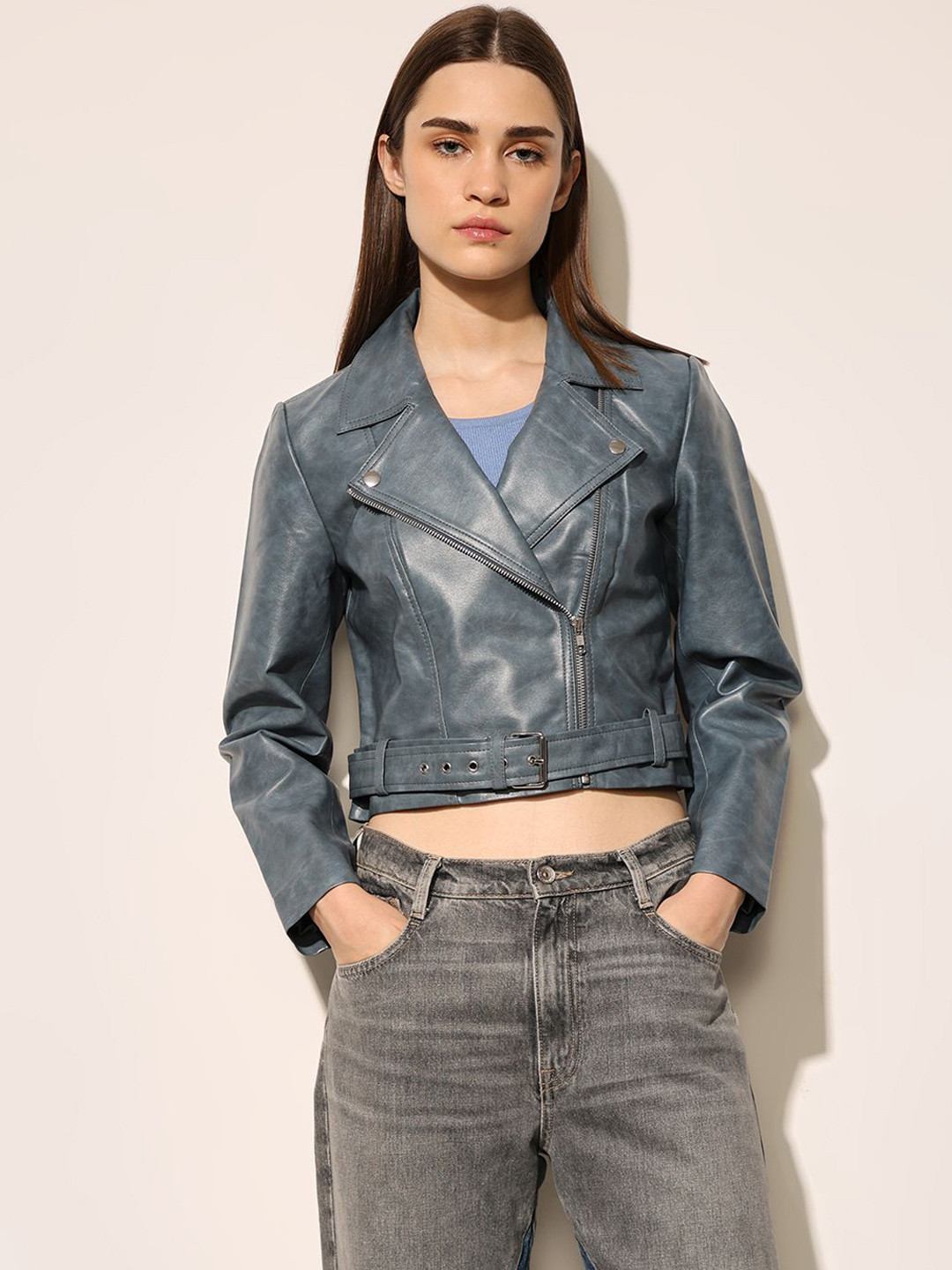 ONLY Women Lapel Collar Solid Casual Leather Jacket