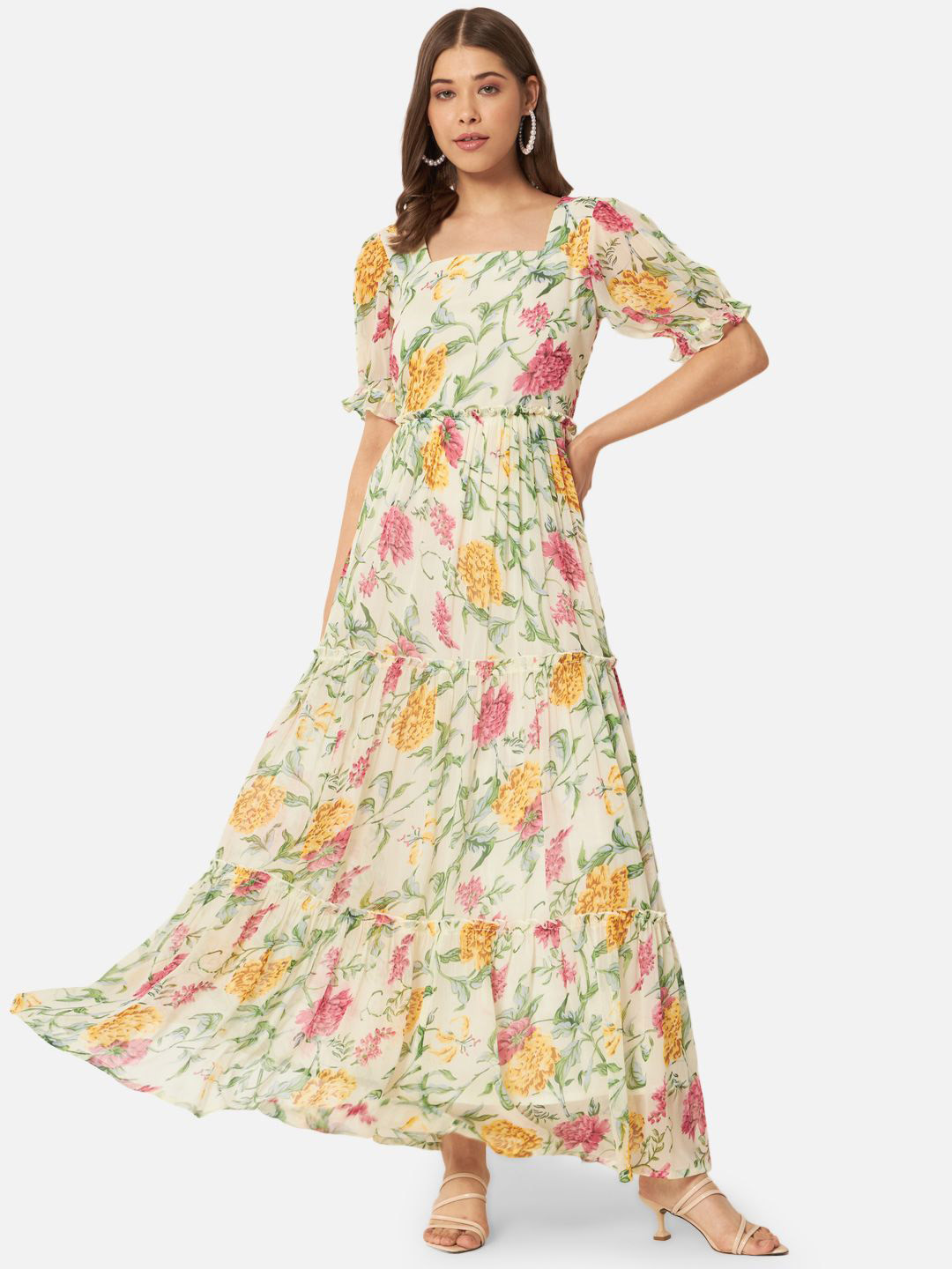 OTIRA Women Floral Printed Puff Sleeves Fit & Flare Maxi Dress