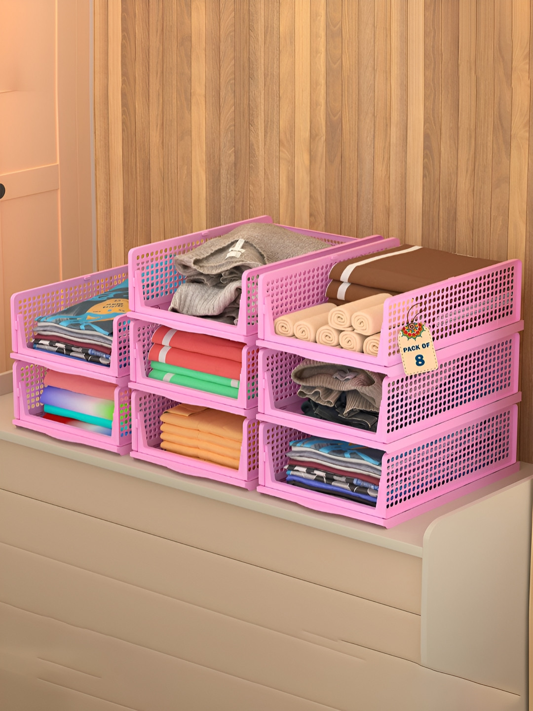 Aura Pink 8 Pcs Foldable Kids Wardrobe Organisers for Clothes Storage Drawer Rack
