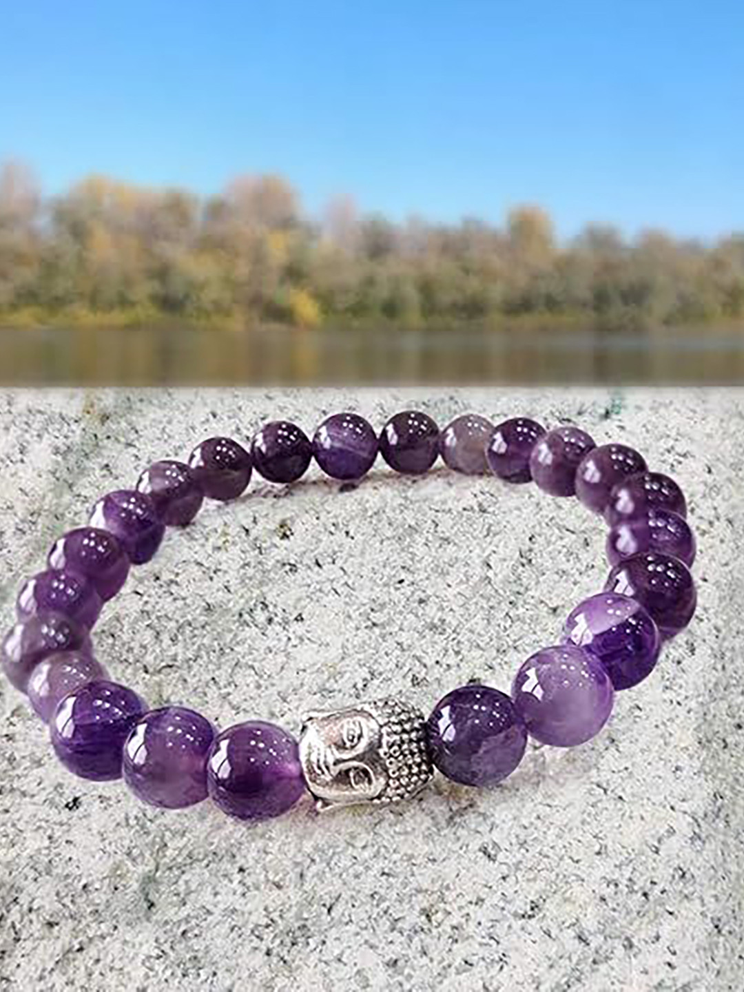 Shubhanjali Unisex Silver-Plated Amethyst Crystal Beaded Buddha Charm Elasticated Bracelet