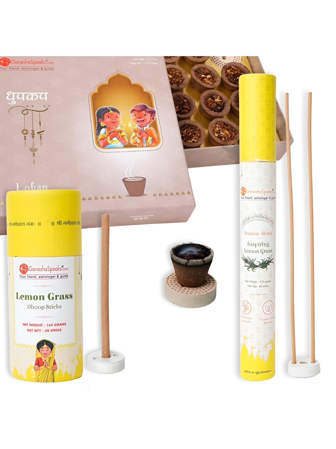 GaneshaSpeaks 55-Pcs Brown Loban Dhoop Cup & Lemongrass Dhoop Stick, Incense Stick