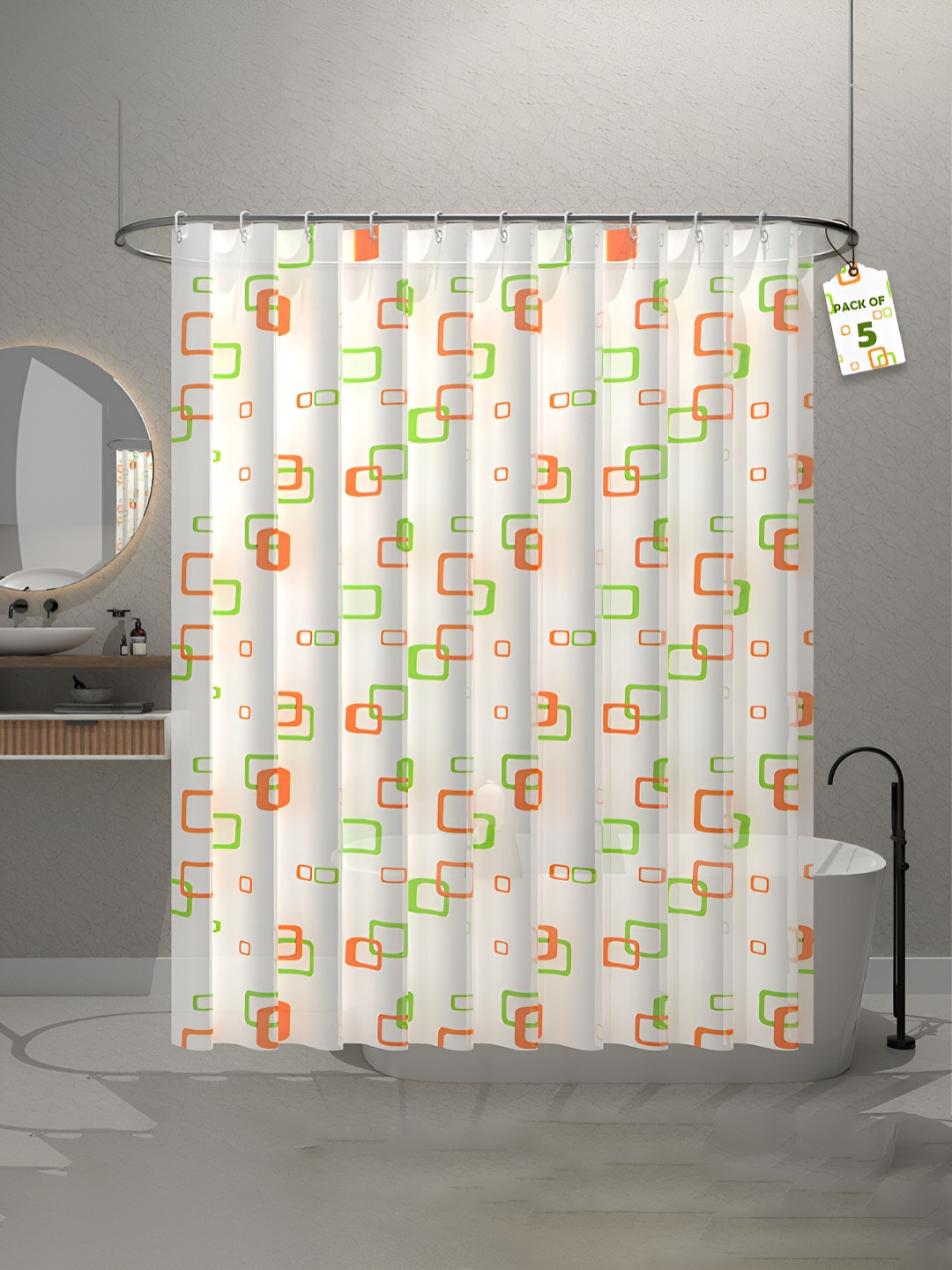 Aura 5-Pcs White & Green Block Printed Waterproof ShowerCurtainWithHooks