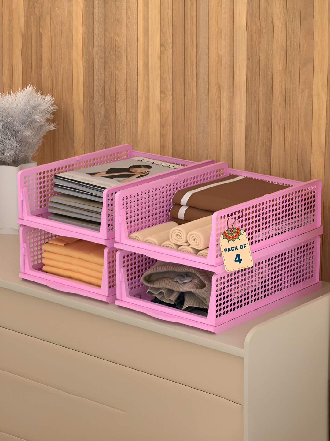 Aura Pink 4 Pcs Foldable Kids Wardrobe Organisers & Clothes Storage Box Drawer Organiser