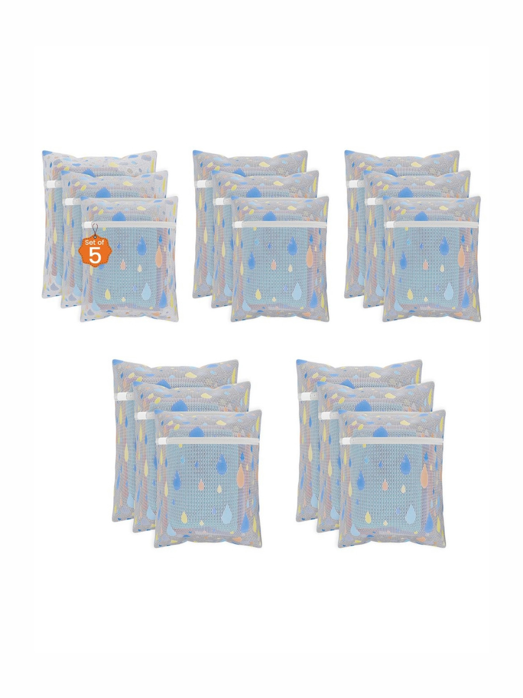 Aura 15Pcs White & Blue Drop-Printed Reusable Mesh Laundry Bags With Zipper