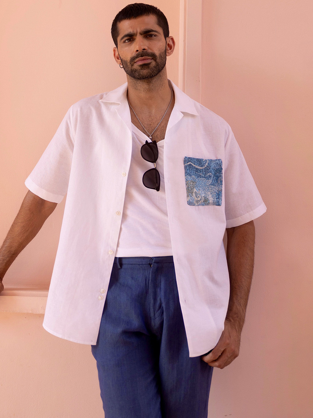 ASUKA Cutaway Collar Thread Work Half Sleeves Linen Relaxed Fit Shirt