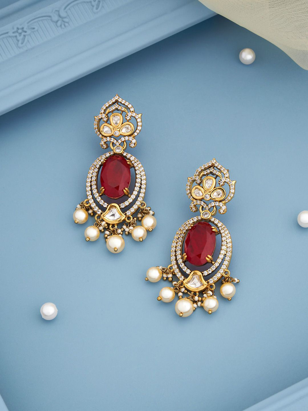 Kushal's Fashion Jewellery Victorian-Plated Contemporary Ruby Kundan Studded Drop Earrings