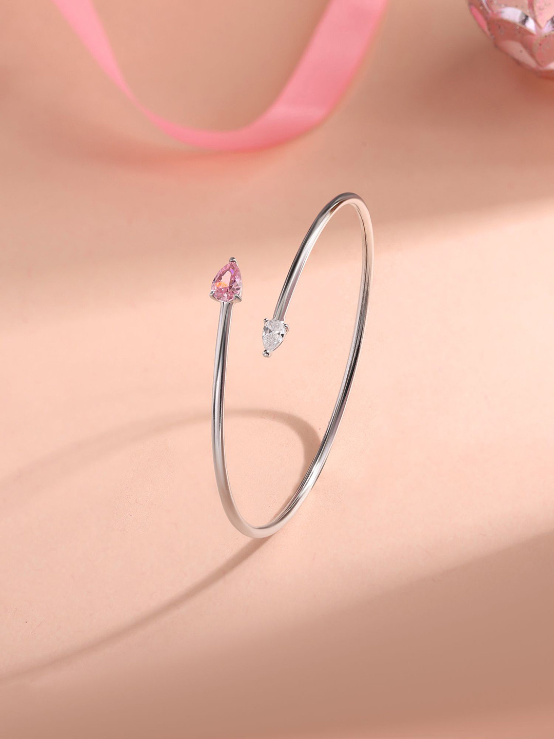 Ornate Jewels 925 Silver Pink Cubic Zirconia Toi Et Moi Cuff Flexible Bangle
