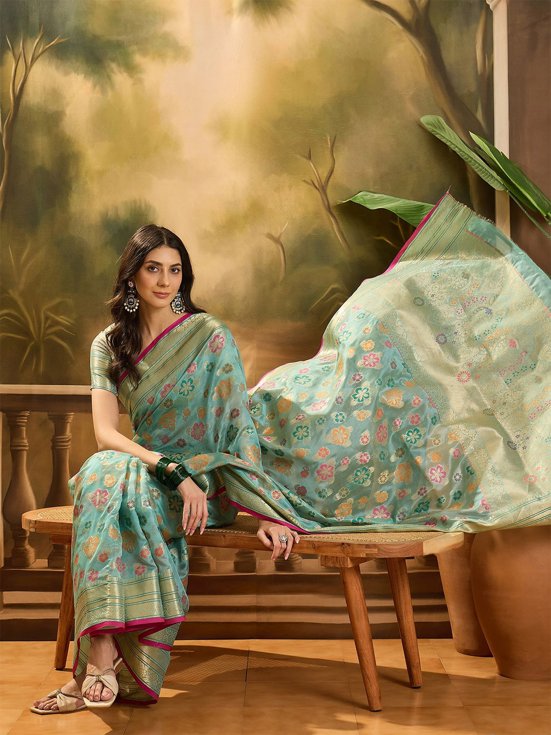 Sangria Floral Woven Design Organza Banarasi Saree With BlousePiece