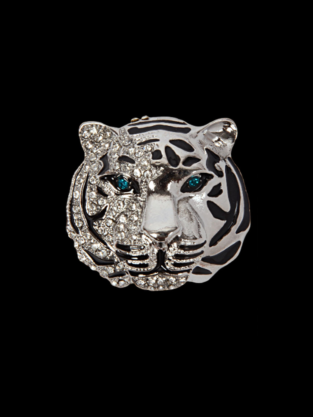 Curren Men Silver-Plated Tiger Head Metal Real Stones Studded Brooch