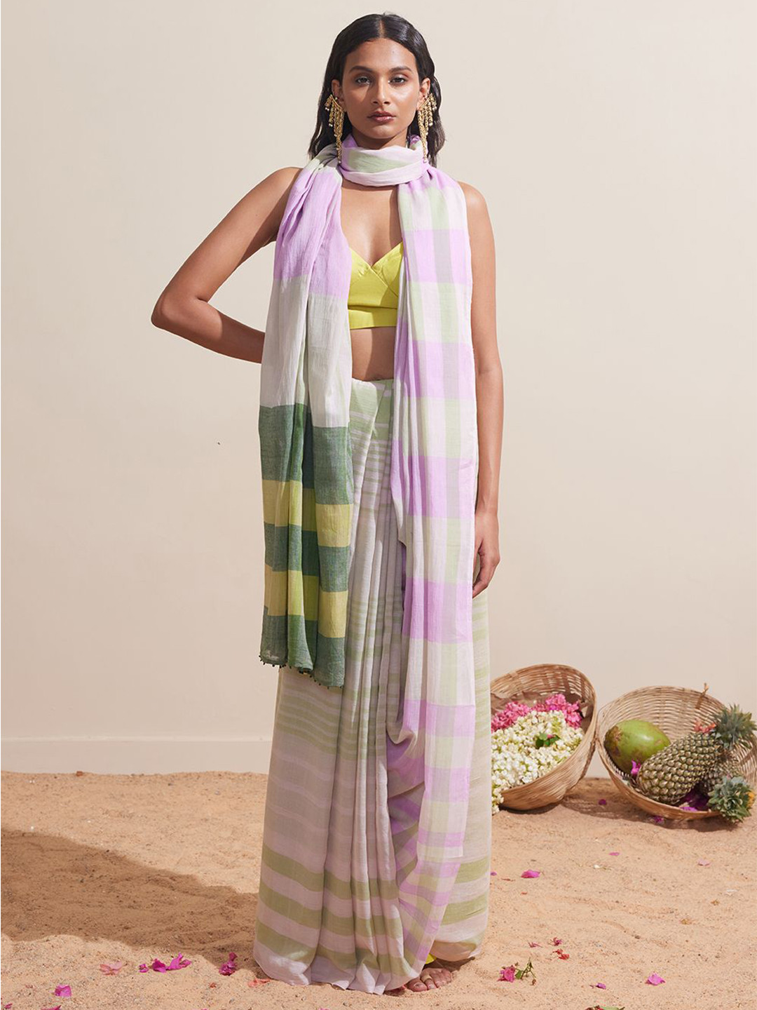 Dressfolk Green & Purple Checked Pure Cotton Saree With Blouse Piece