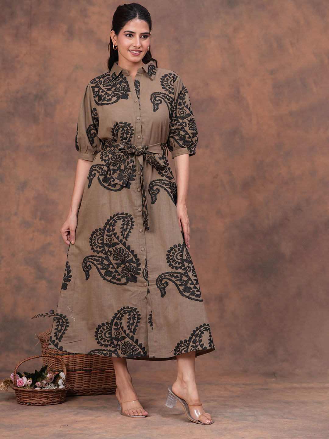 Sencei Women Paisley Printed Shirt Collar Cotton Gown Dress