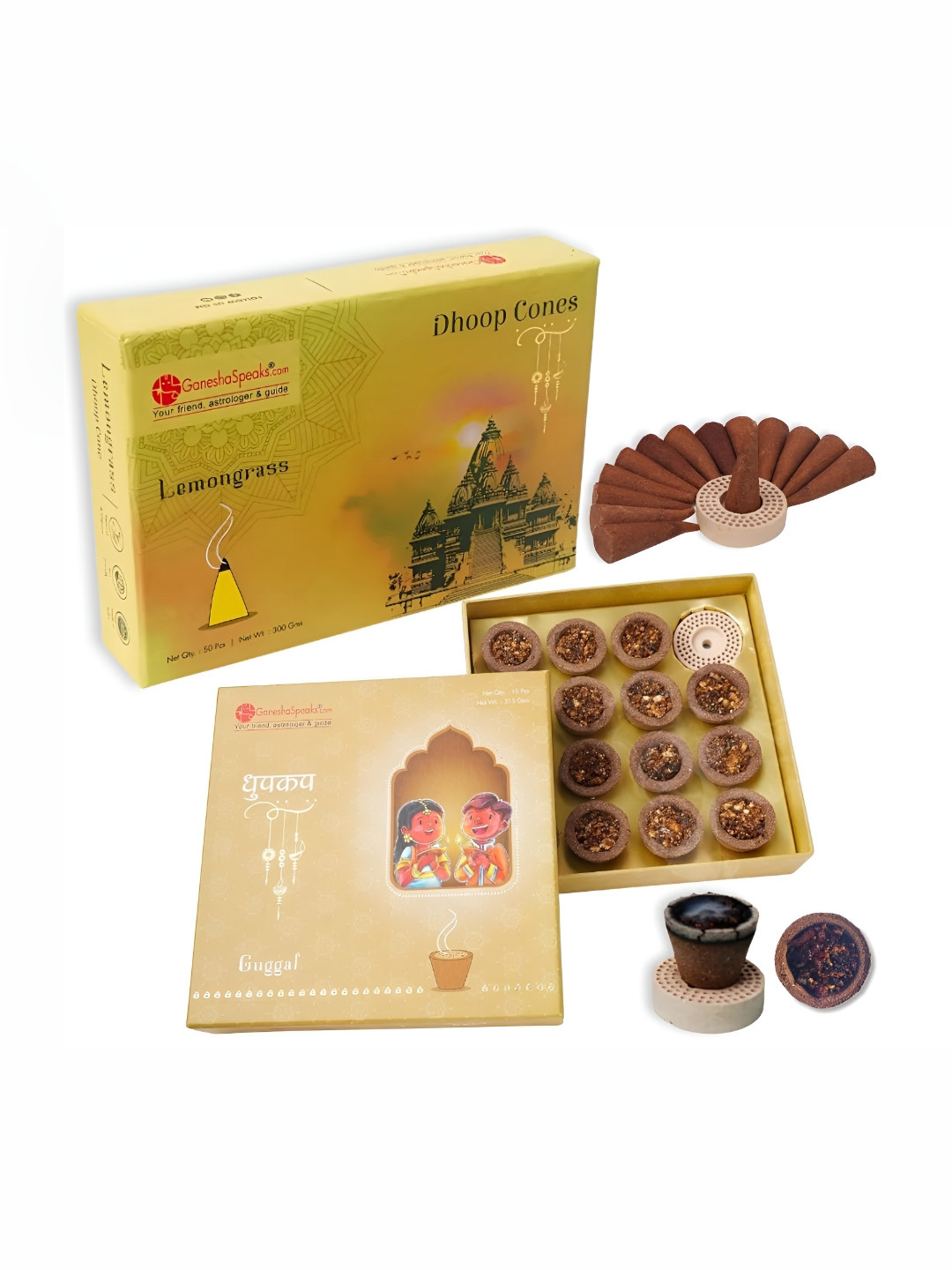 GaneshaSpeaks 2-Pcs Brown Wooden Loban Dhoop Cup & Rose Dhoop Sticks