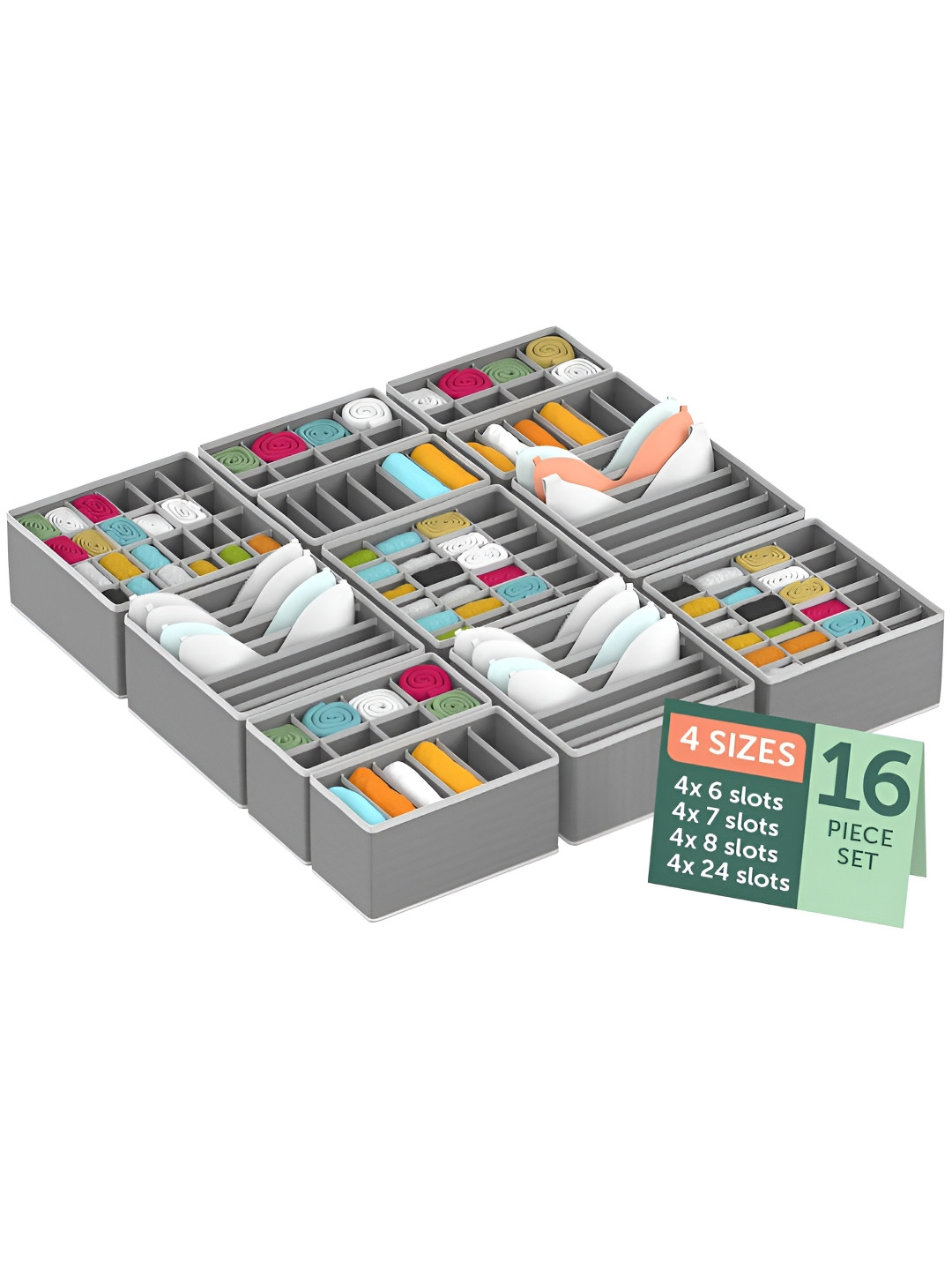 Aura 16 Pcs Grey Multicompartment clothes Organisers Storage Box for Wardrobe