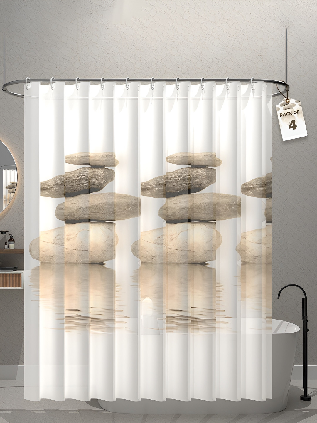 Aura 4-Pcs White & Grey Stone Printed Waterproof ShowerCurtainWithHooks