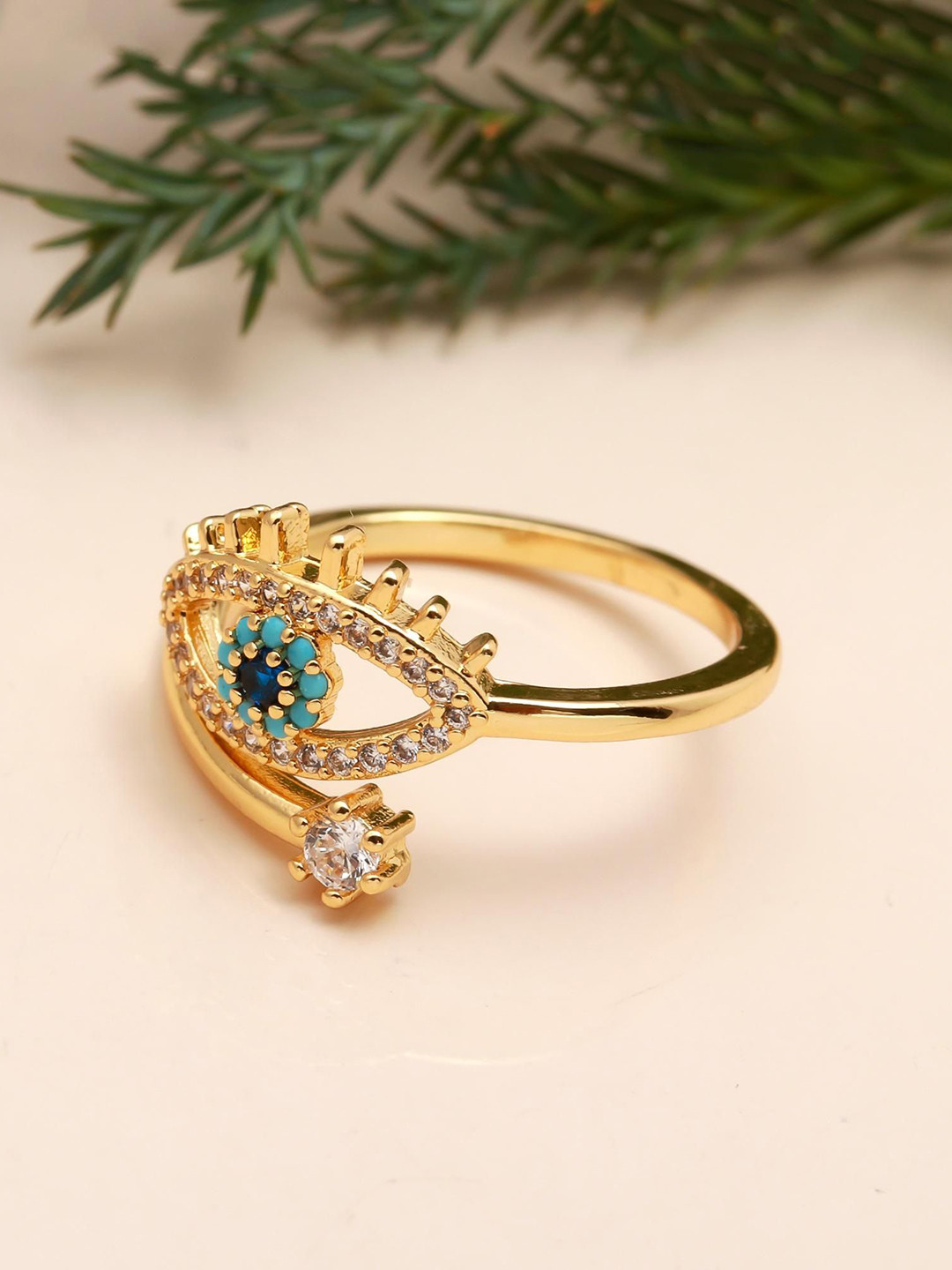 ORO ALMA Gold-Plated Stone Studded Evil-Eye Adjustable Finger Ring