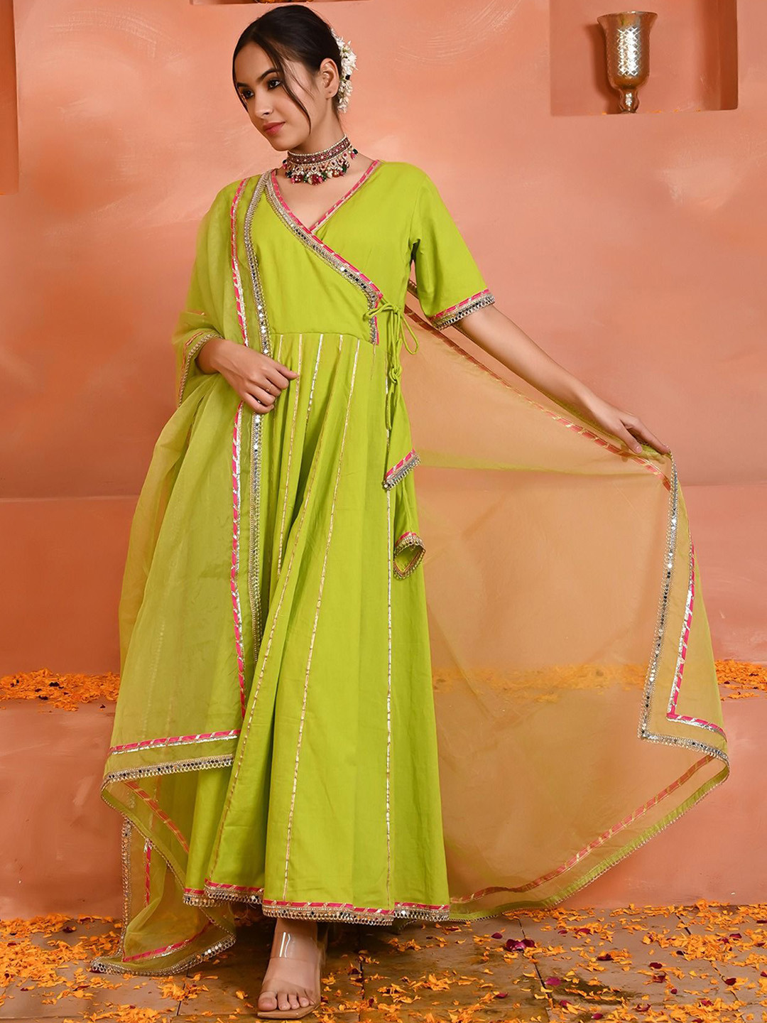 ANISH BY AHINSA Gotta Patti Embroidered Pure Cotton Anarkali Kurta & Trousers With Dupatta