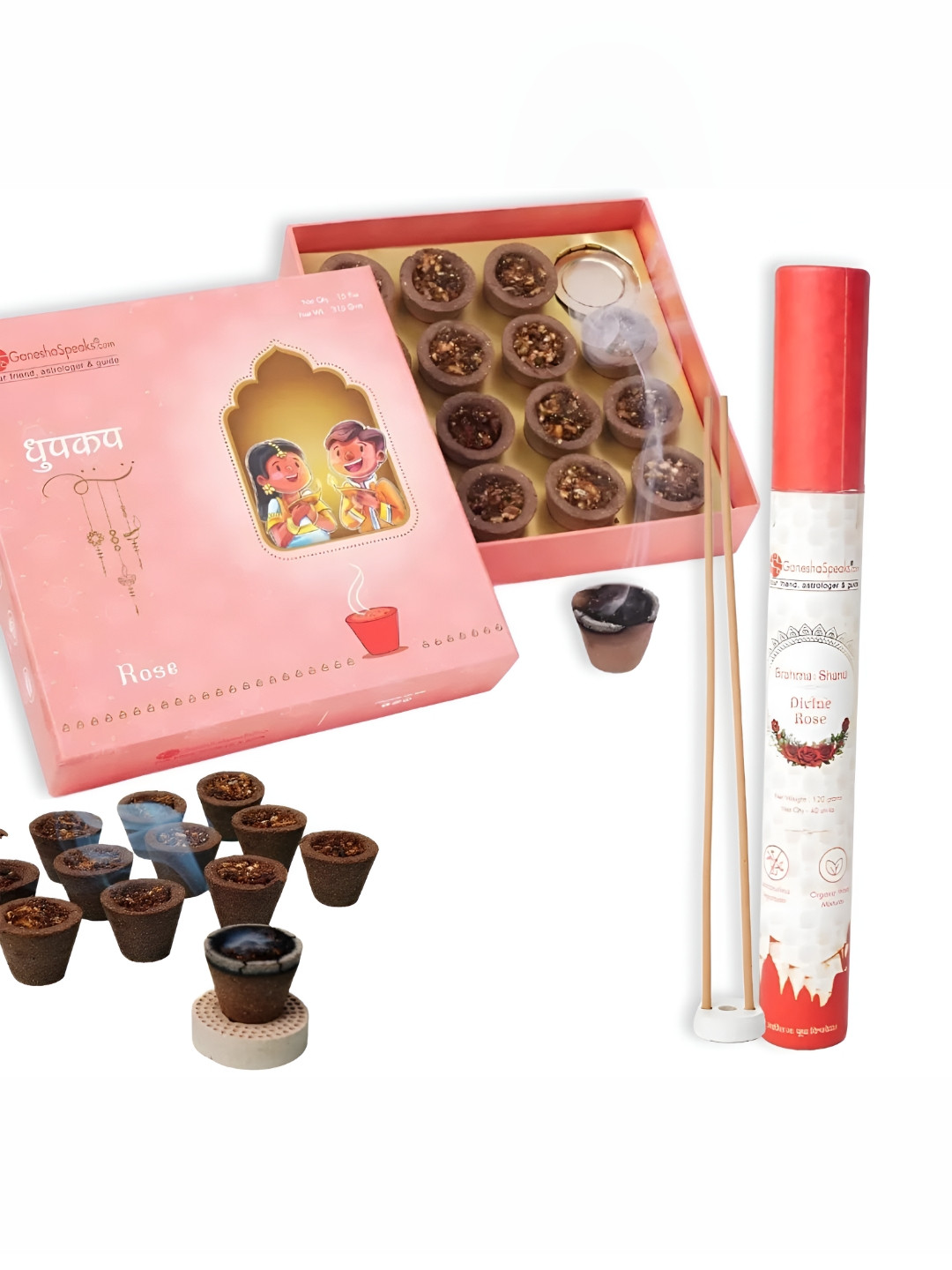 GaneshaSpeaks 145-Pcs Brown Wooden Dhoop Cup, Dhoop Stick, Dhoop Cone & Incense Stick