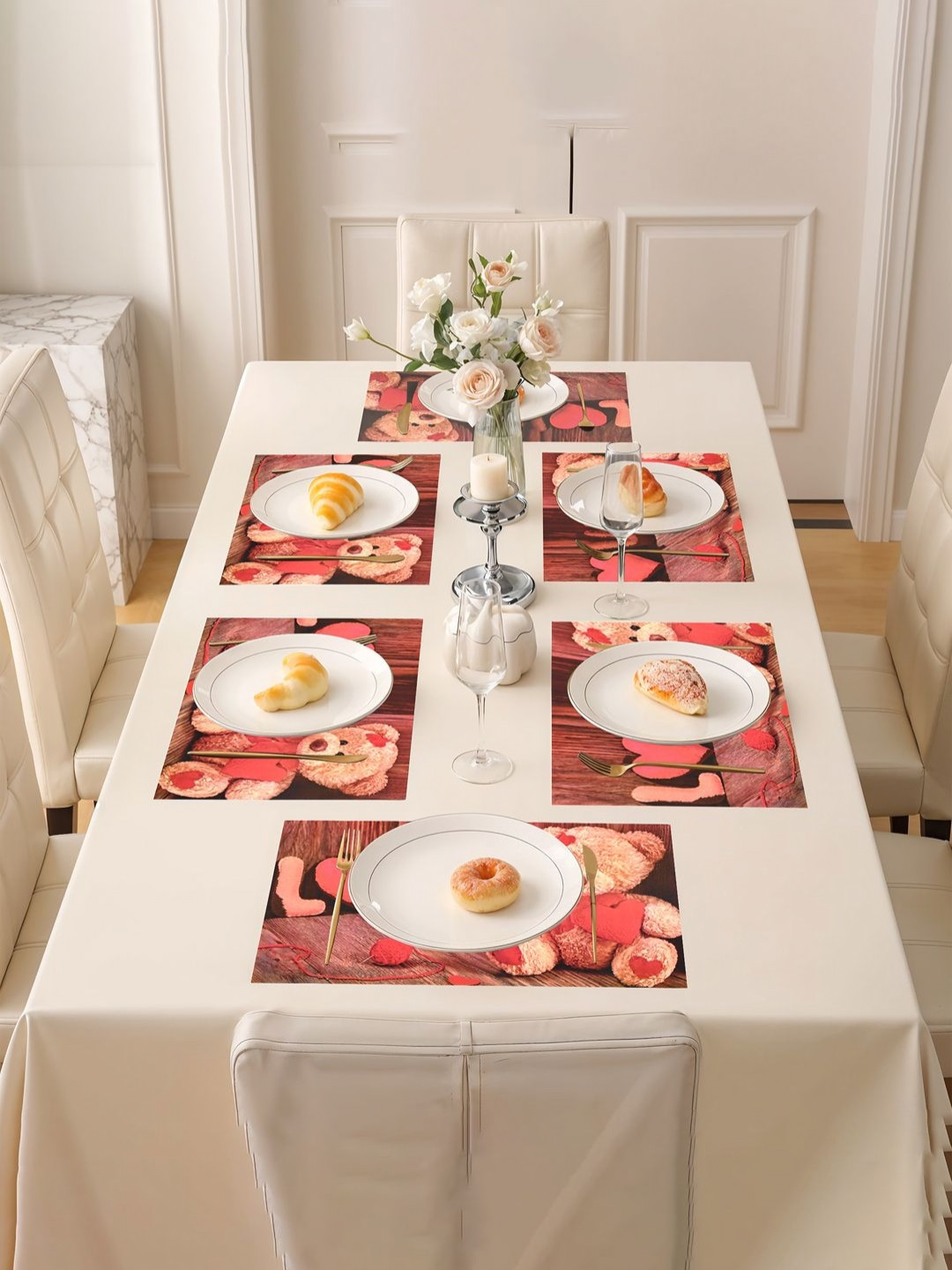Aura 18Pcs Brown & Red Printed Waterproof Dining Table Placemats