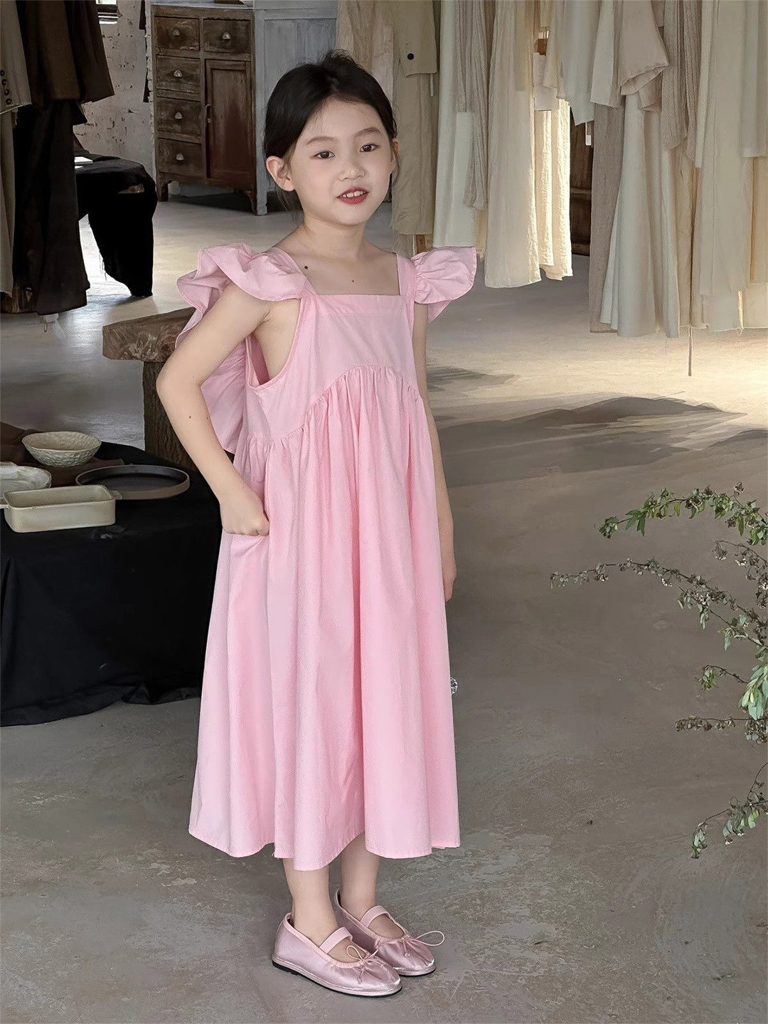 StyleCast x Revolte Girls Solid Choker Neck Gathered or Pleated Cotton A-Line Dress