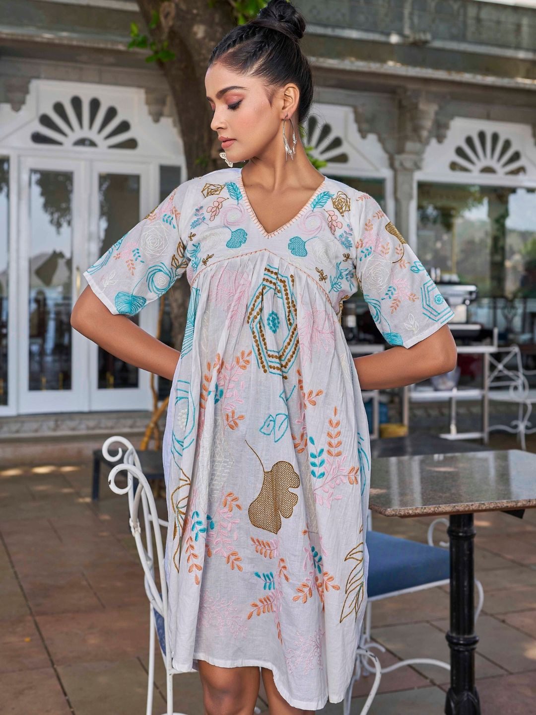 PEACH PIPER Ethnic Motifs Embroidered Cotton Empire Dress