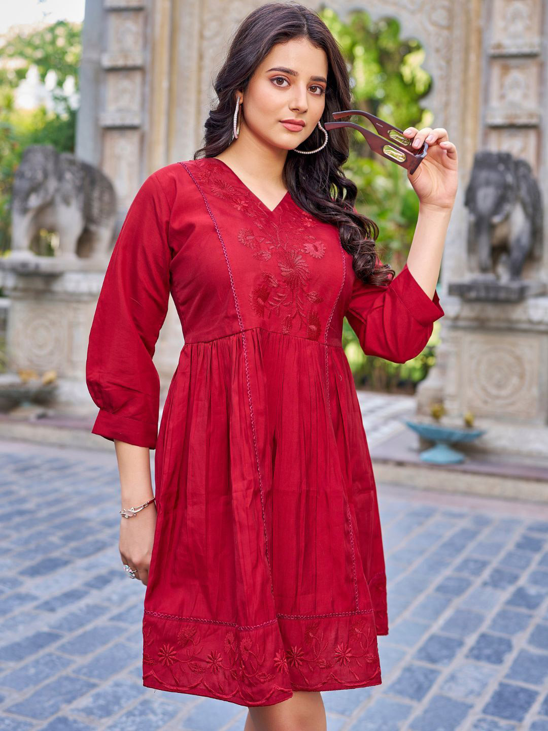 PEACH PIPER Women Solid V-Neck Embroidered Silk Fit and Flare Dress