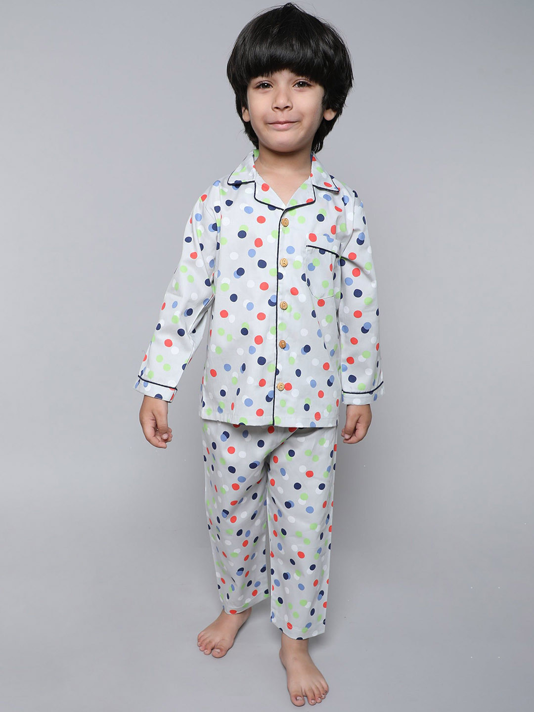 Little Clothings Boys Lapel Coller Polka Dot Printed Night suit