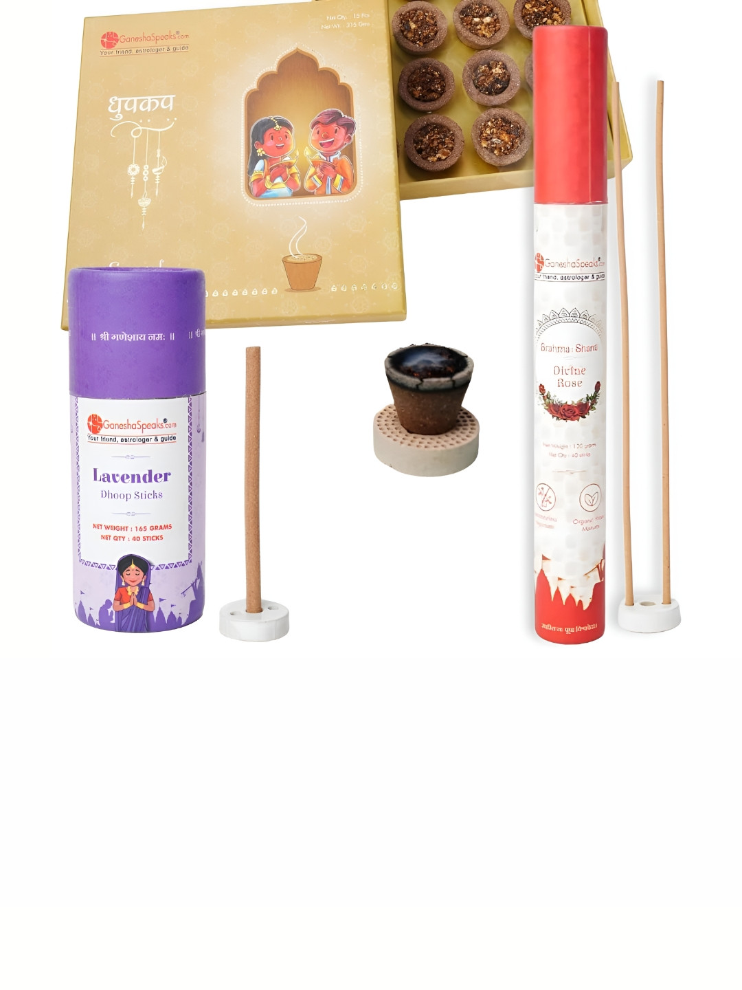 GaneshaSpeaks 95-Pcs Brown Guggal Dhoop Cup & Lavender Dhoop Sticks, Rose Incense Sticks