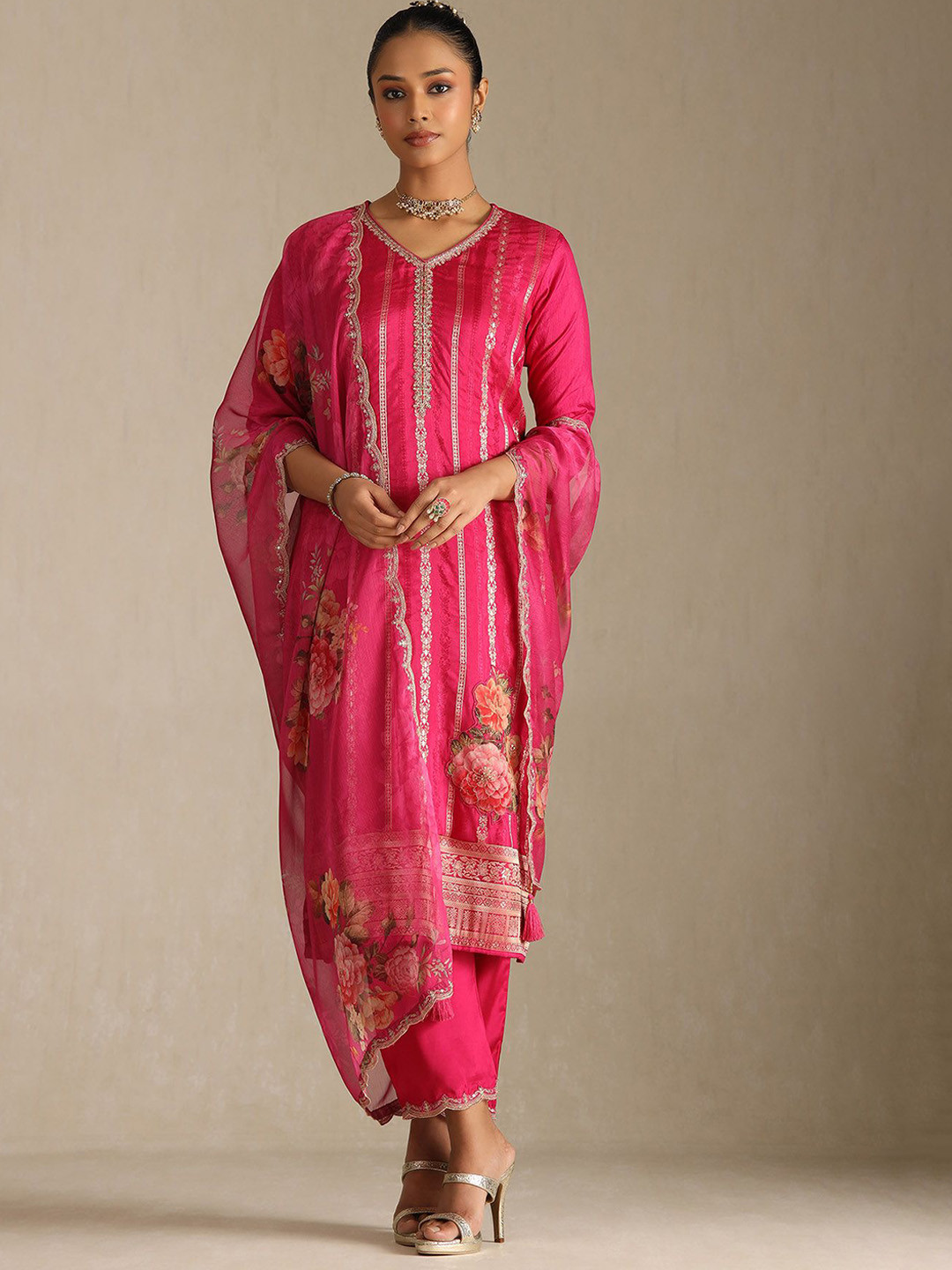 Soch Floral Woven Design V-Neck Sequinned Straight Kurta With Trousers And Dupatta