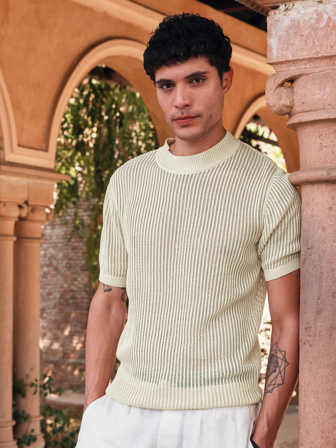 PRIMAL GRAY Men Self Design Round Neck Cotton Slim Fit T-shirt