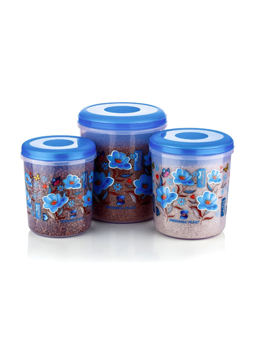 Aura Blue Floral Plastic Easy To Clean 3 Piece Clip-On Canister
