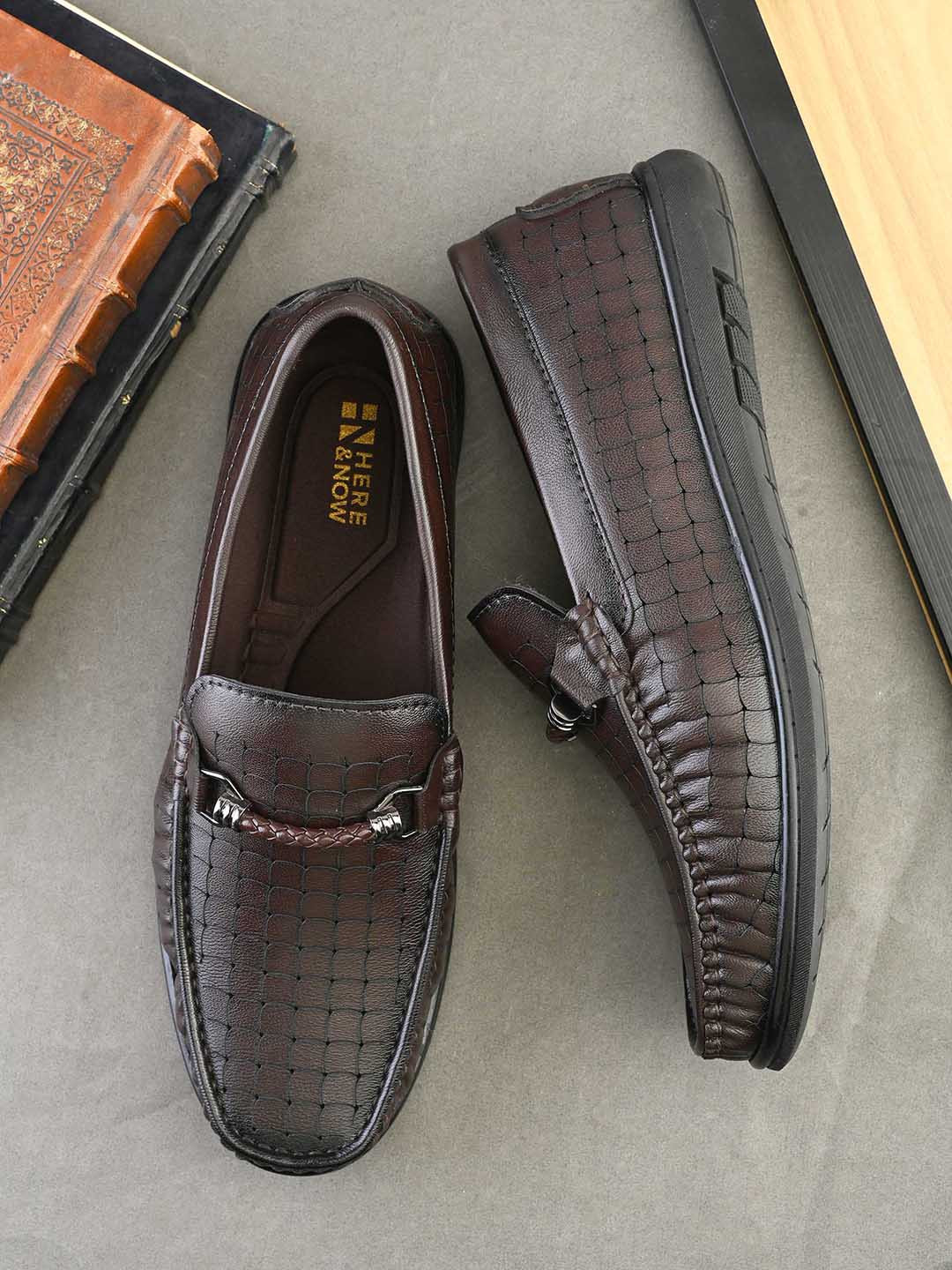 HERE&NOW Men Textured Nubuck Driving Shoes with Western - Embellished