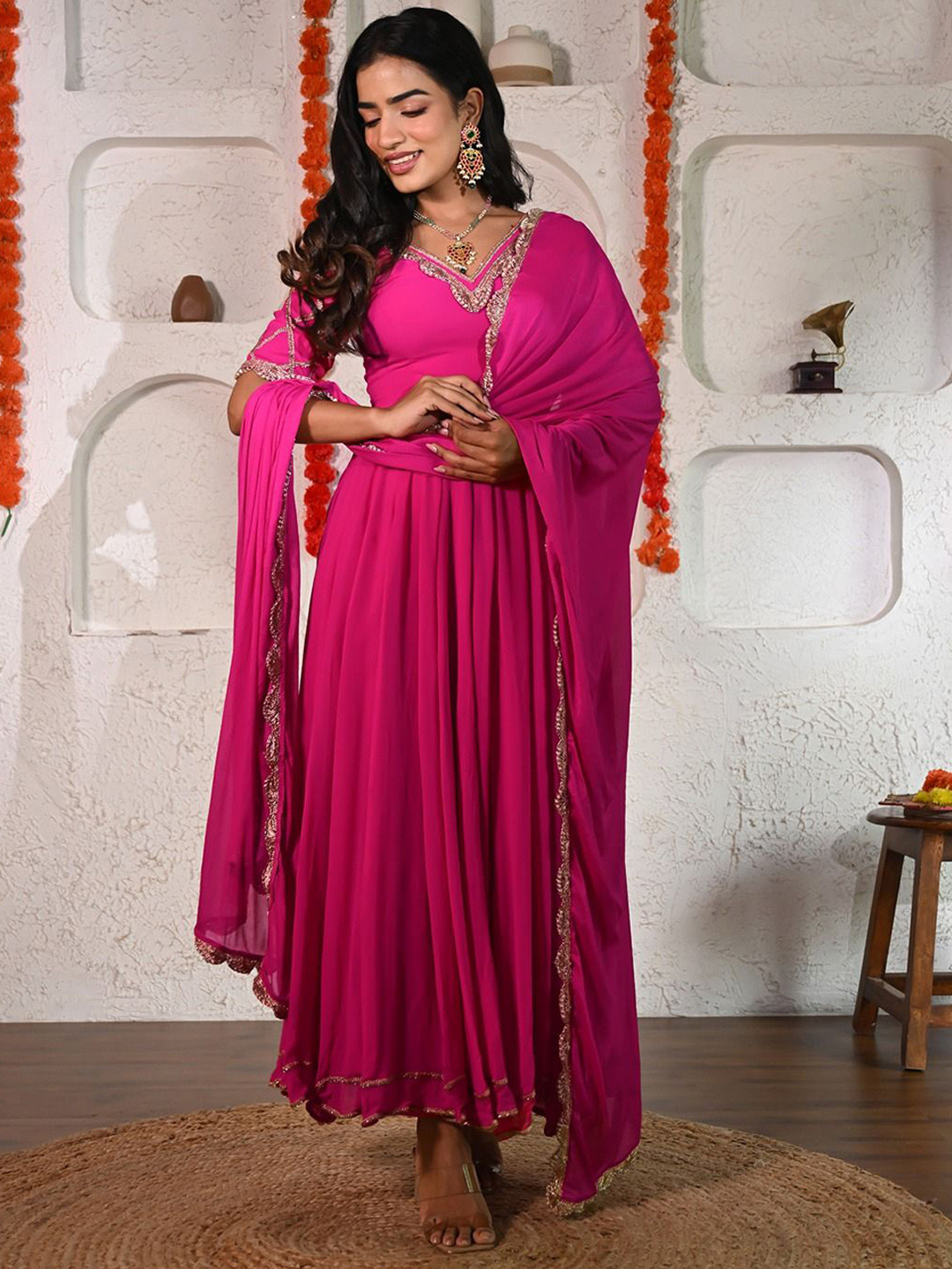 ANISH BY AHINSA Women Solid Yoke Design Kurta with Trousers & Dupatta