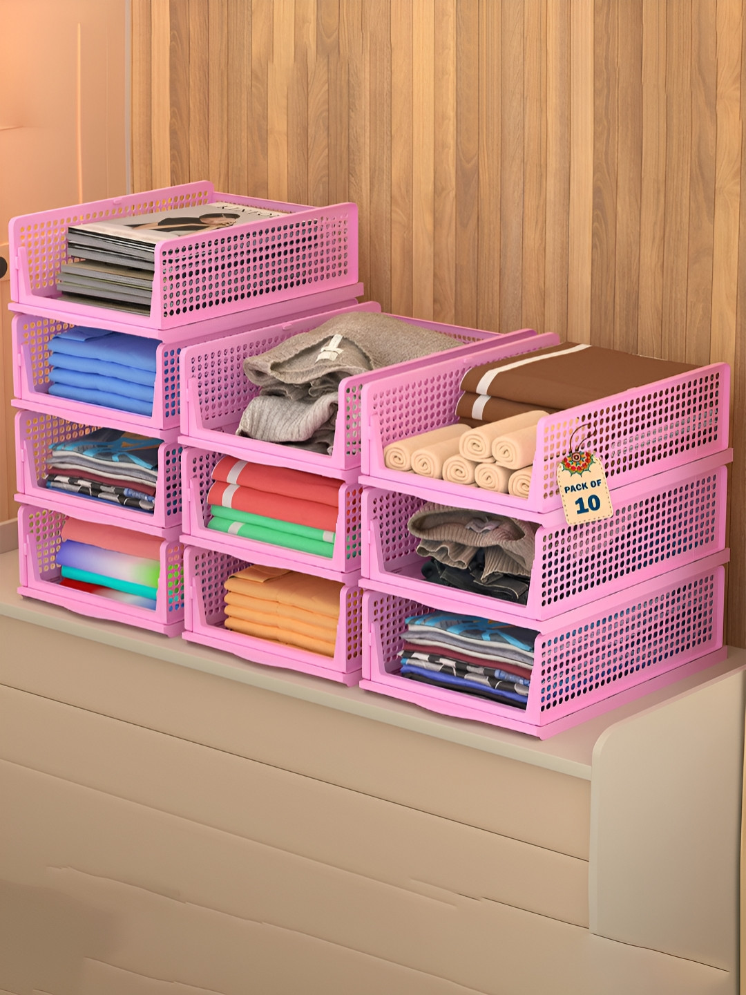 Aura Pink 10 Pcs Foldable Kids Wardrobe Organisers & Clothes Drawer Organisers Storage Box