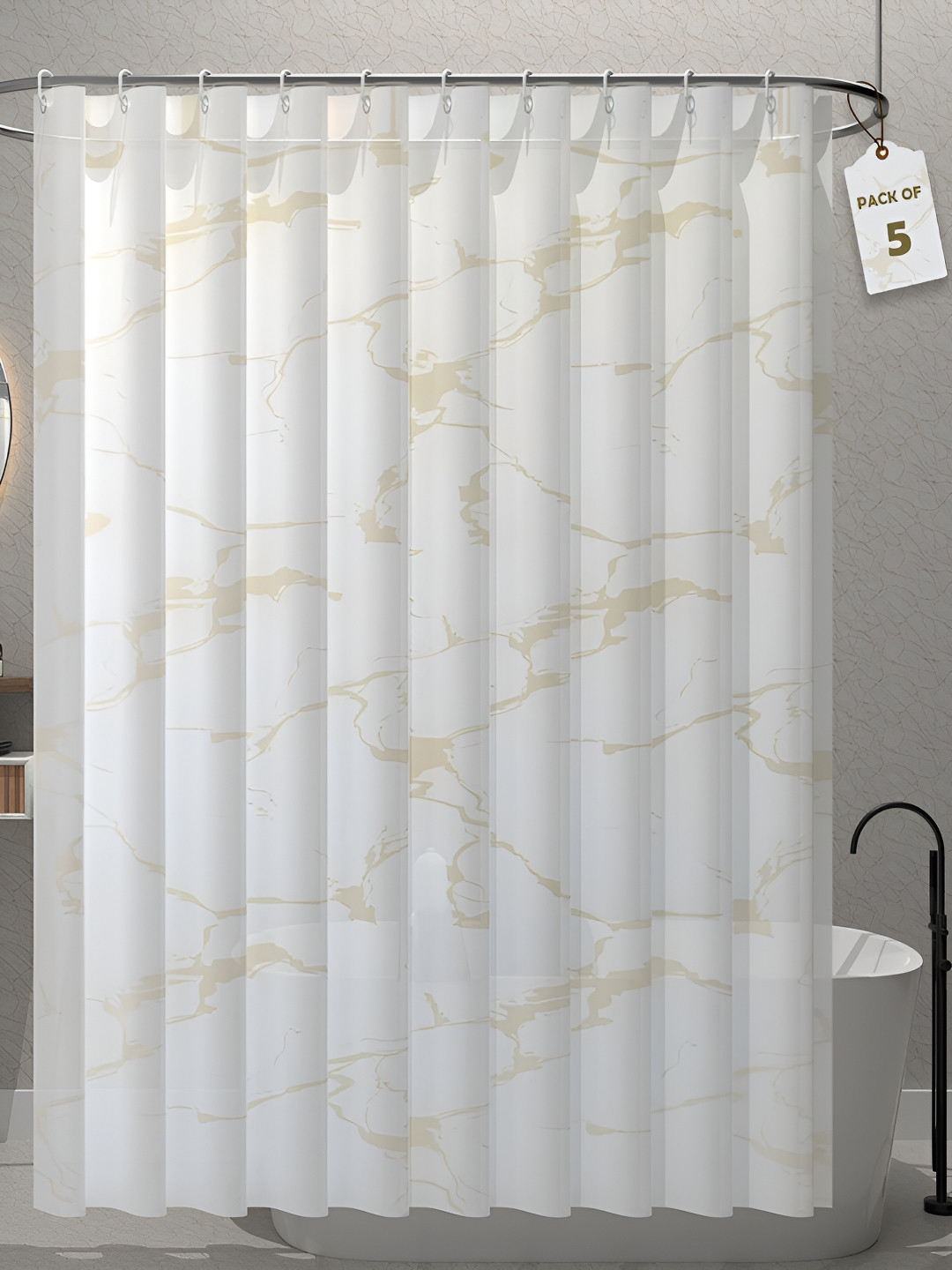 Aura 5-Pcs White & Beige Marble Printed Waterproof ShowerCurtainWithHooks